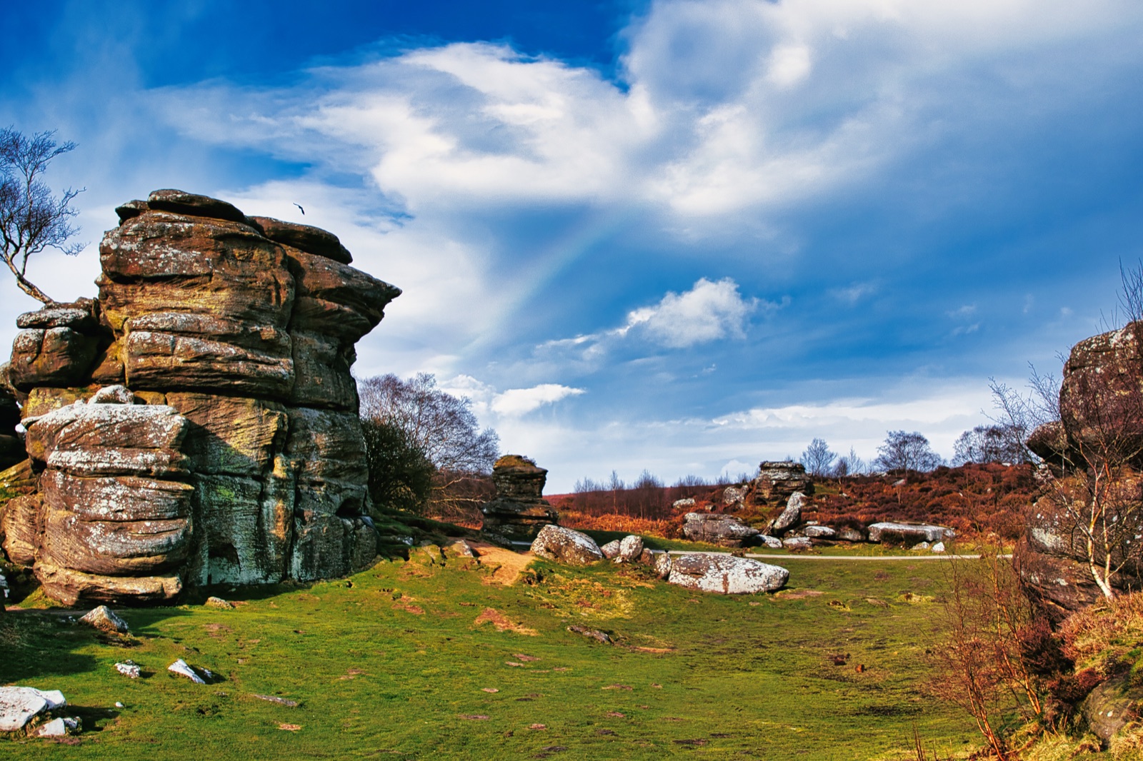 A towering stack of weathered gritstone at Brimham Rocks on a green clearing, with more rocks and brown heather beyond under a bright blue sky.